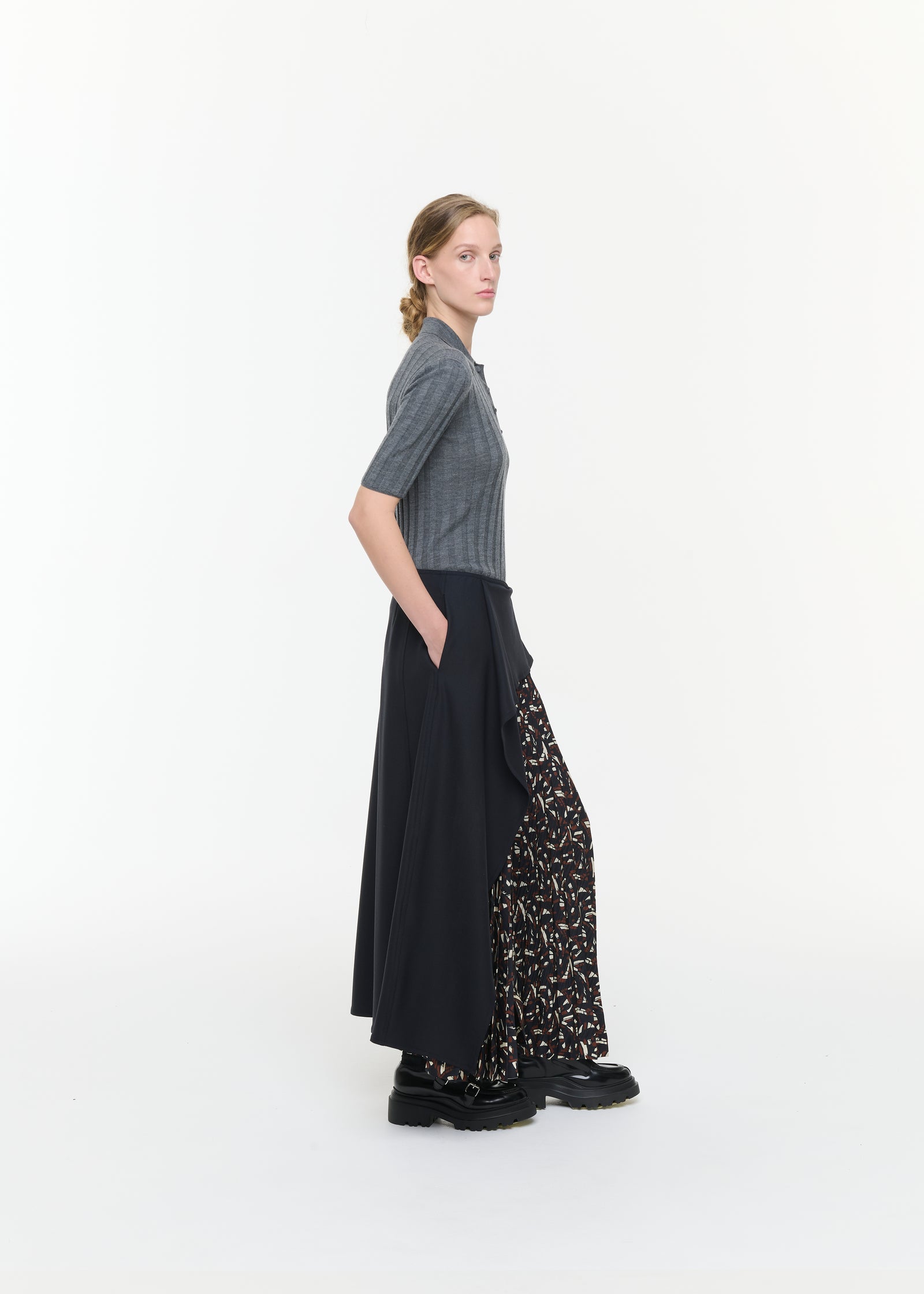 ASYMMETRIC WOOL AND PLEATED SILK SKIRT