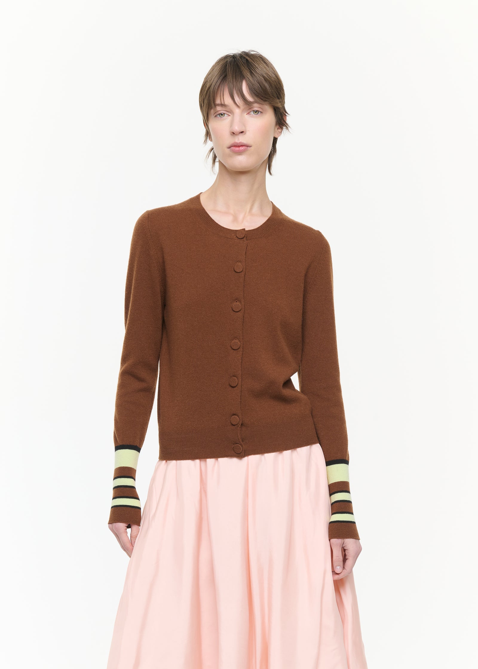 CREWNECK CARDIGAN WITH STRIPED CUFFS