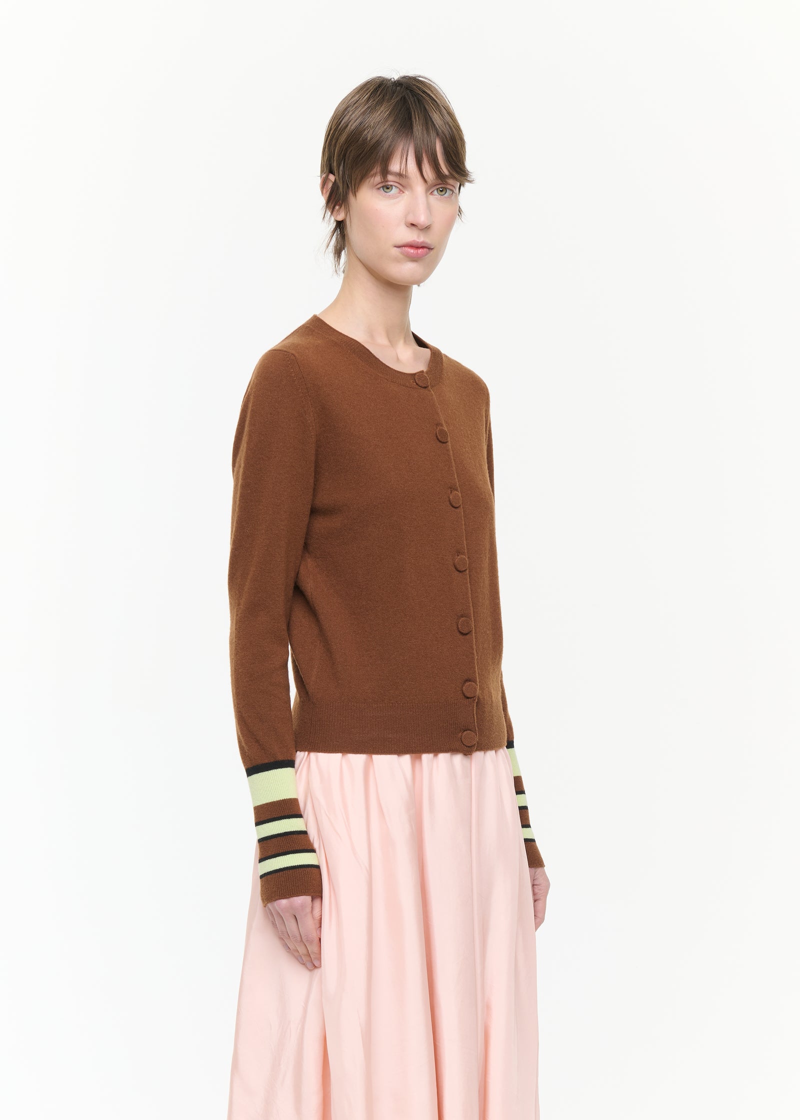 CREWNECK CARDIGAN WITH STRIPED CUFFS