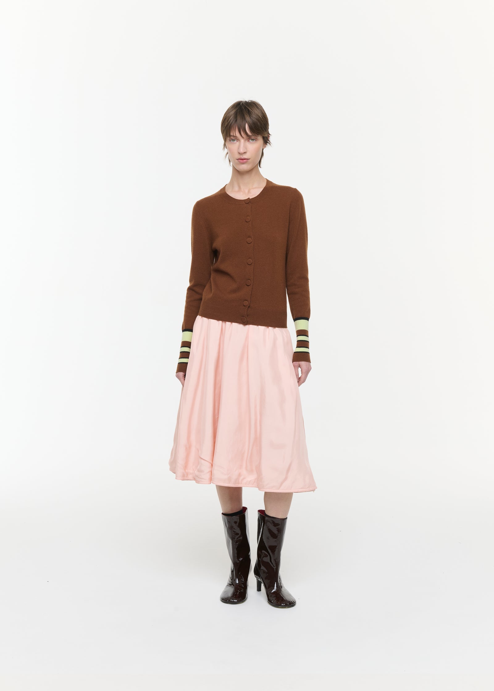 CREWNECK CARDIGAN WITH STRIPED CUFFS