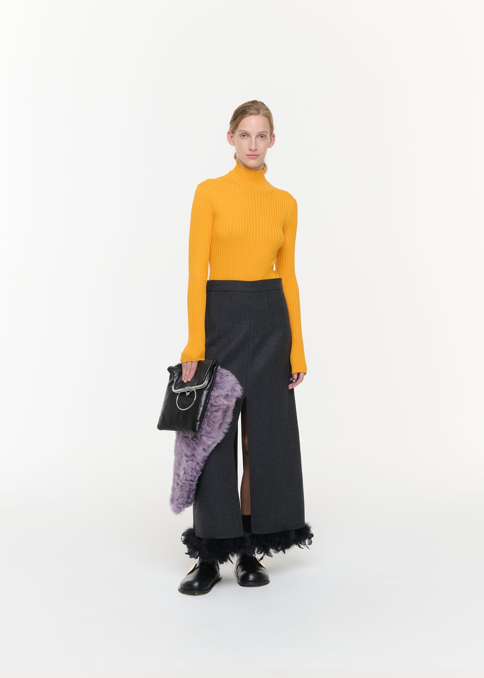 DOUBLE WOOL LONG SKIRT WITH FEATHERS