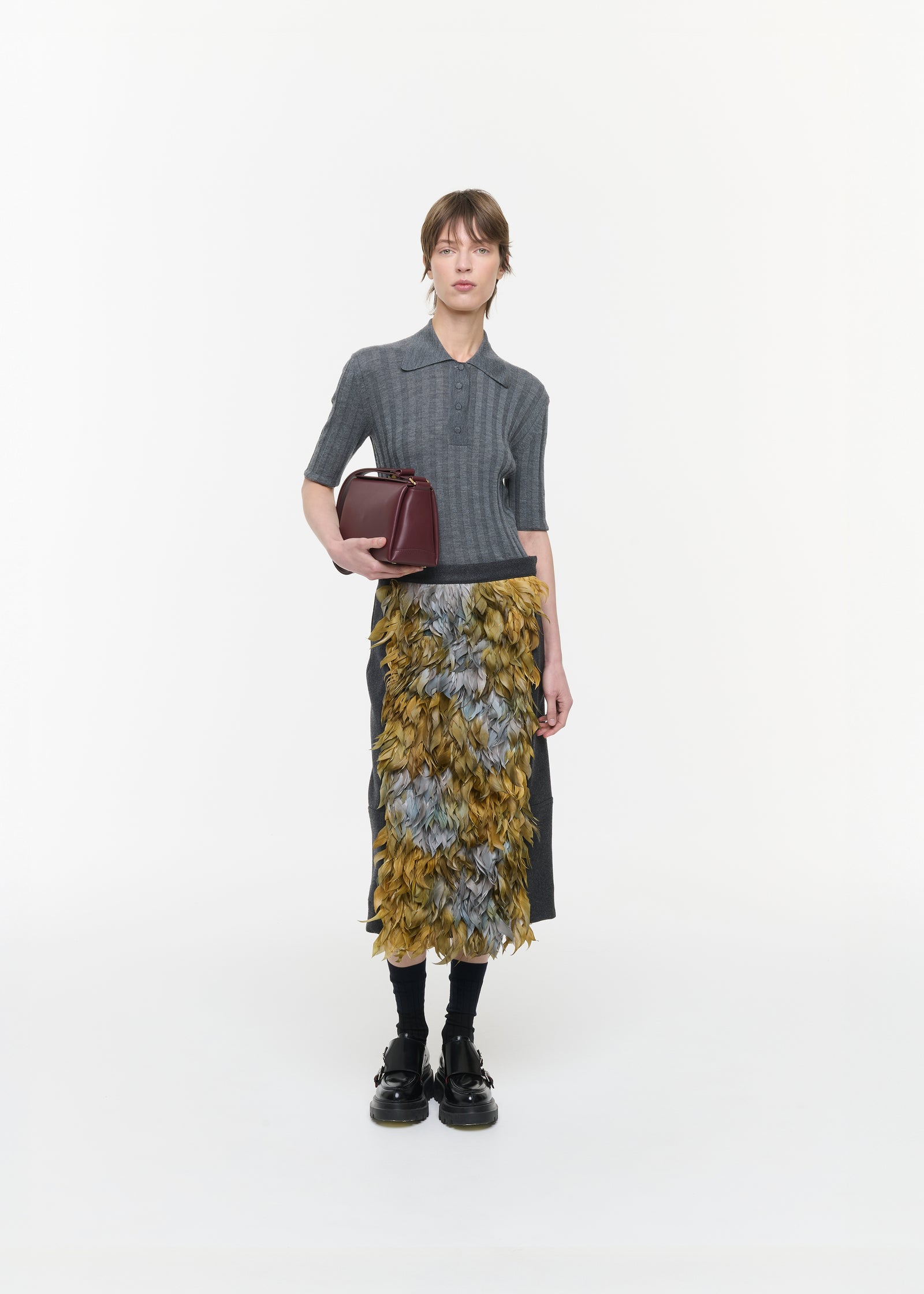 GREY WOOL SKIRT WITH FEATHERS PANEL