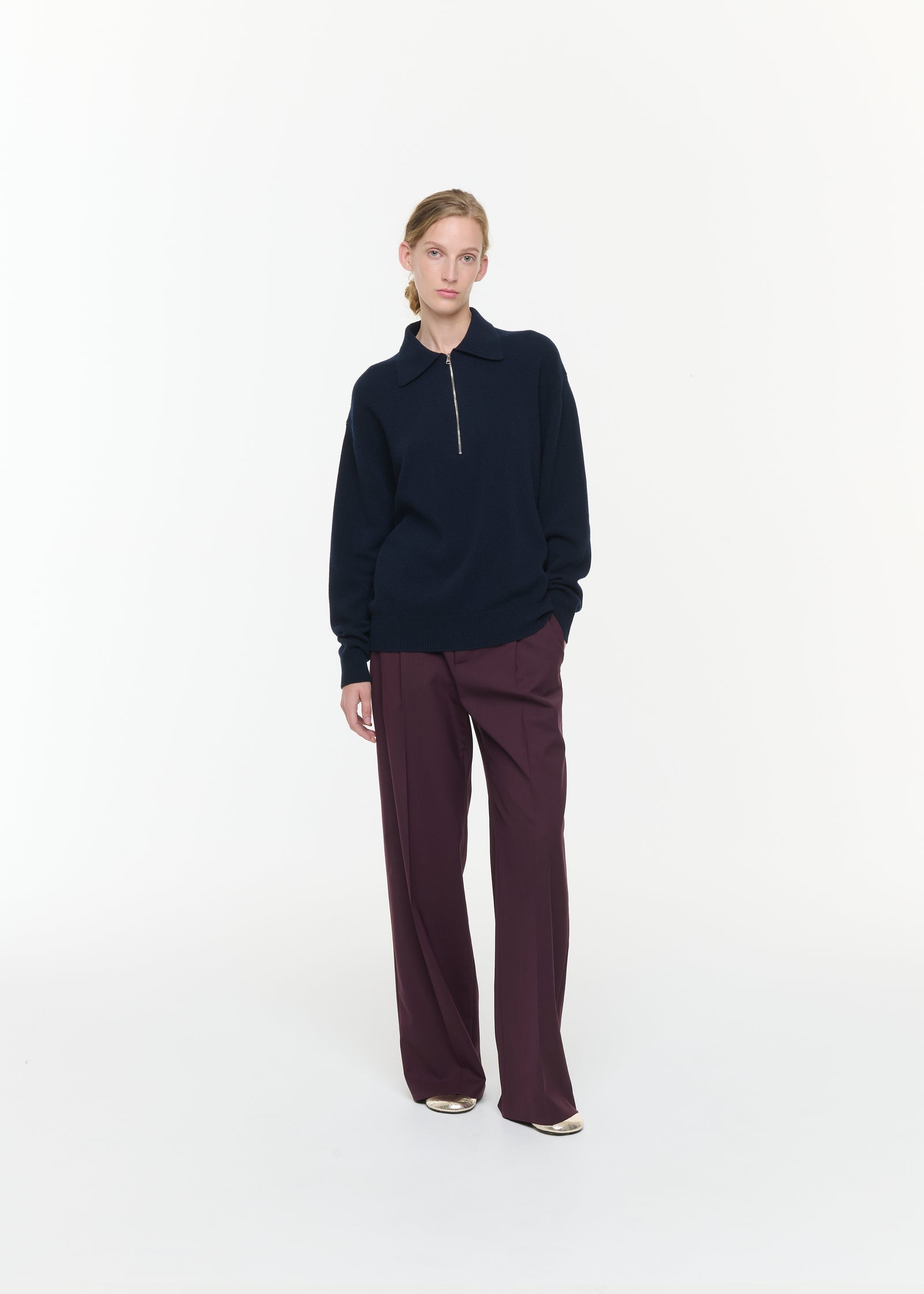 NAVY HALF ZIP WOOL CASHMERE POLO SHIRT