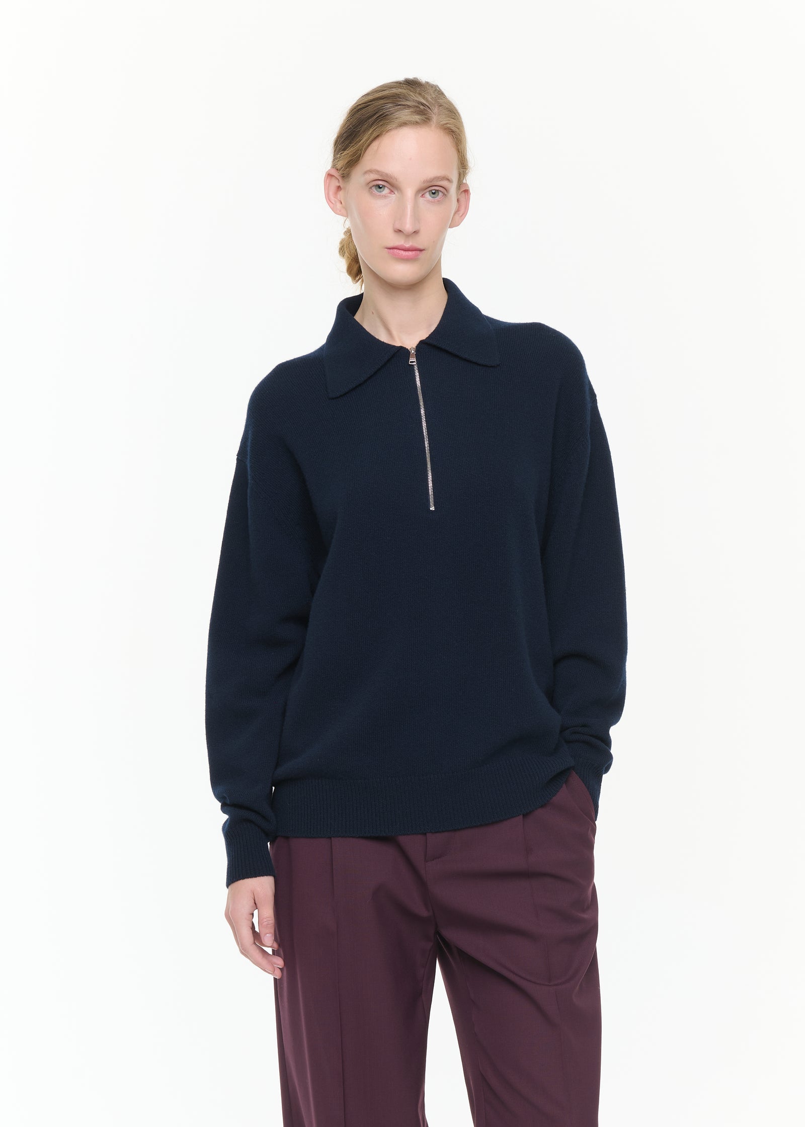 NAVY HALF ZIP WOOL CASHMERE POLO SHIRT