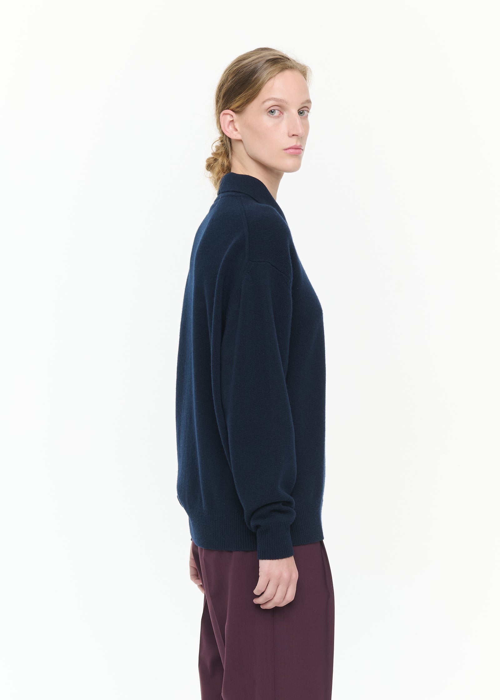 NAVY HALF ZIP WOOL CASHMERE POLO SHIRT