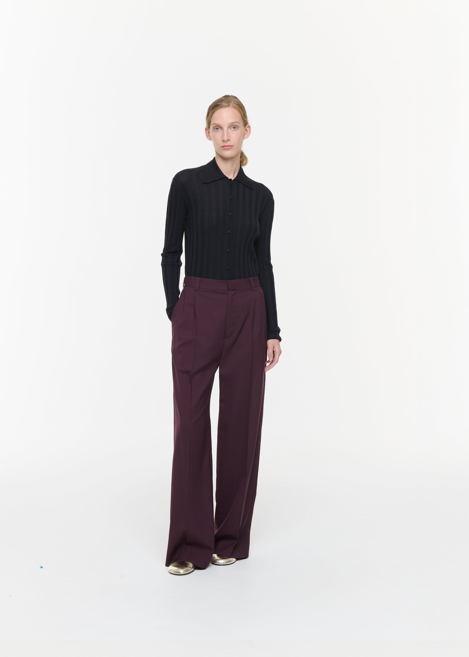 BURGUNDY WIDE LEG WOOL TROUSERS