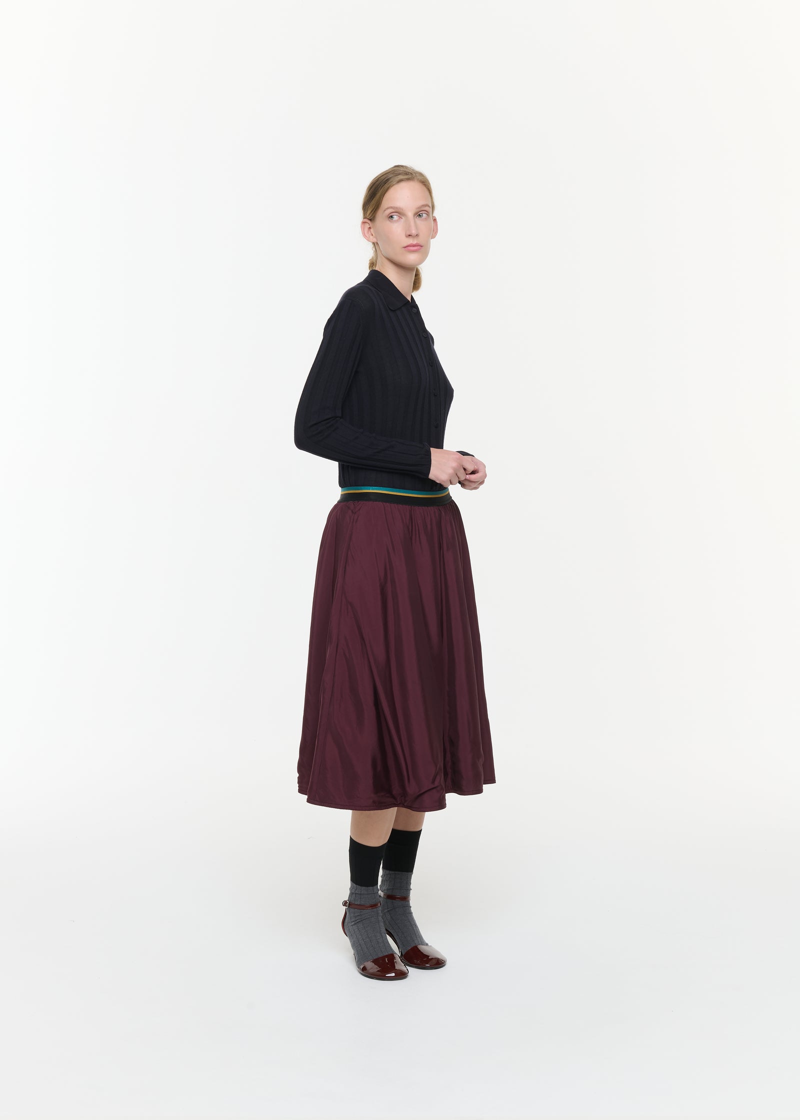 BURGUNDY PADDED TWILL MIDI SKIRT WITH ELASTICATED WAISTBAND