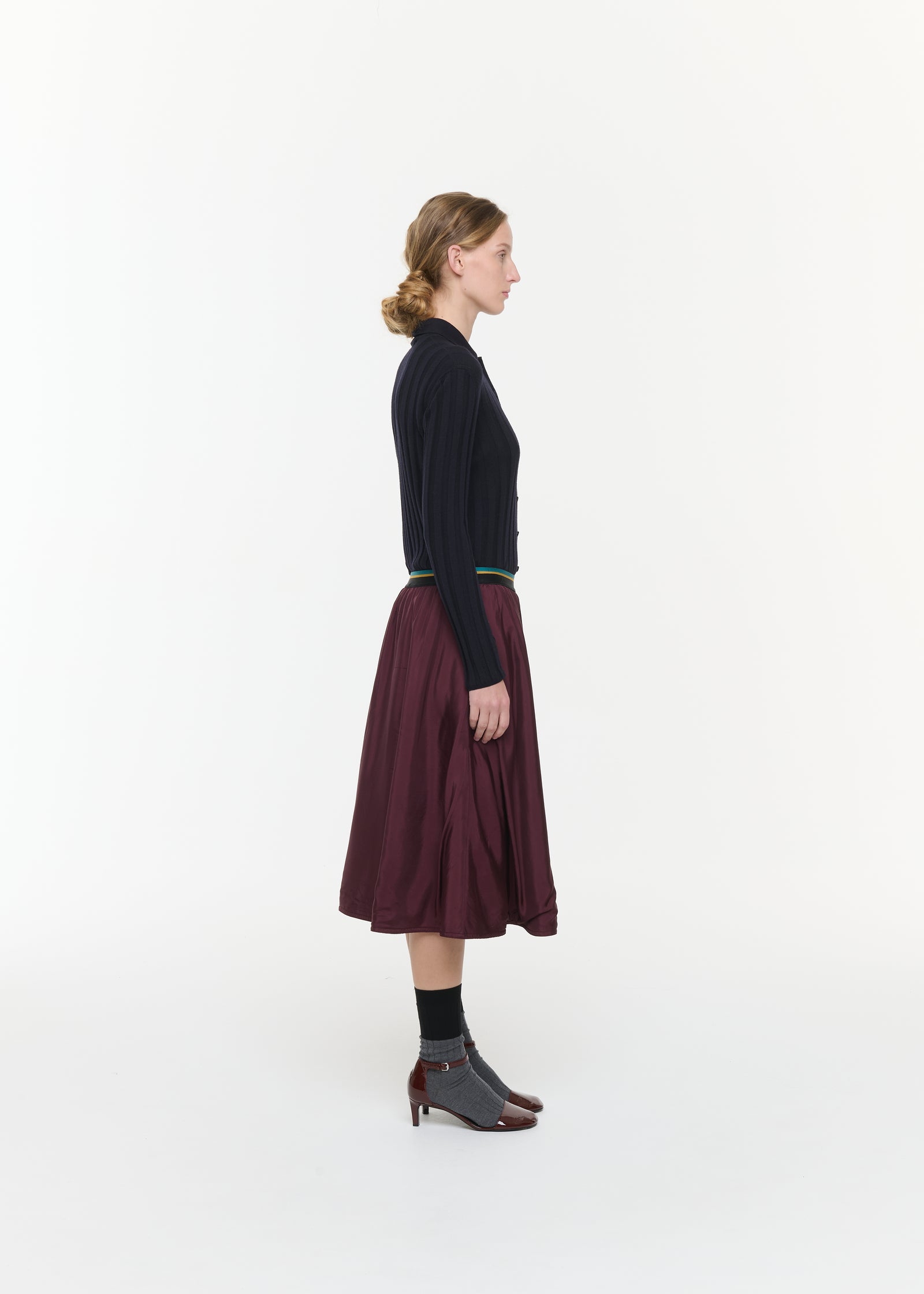 BURGUNDY PADDED TWILL MIDI SKIRT WITH ELASTICATED WAISTBAND