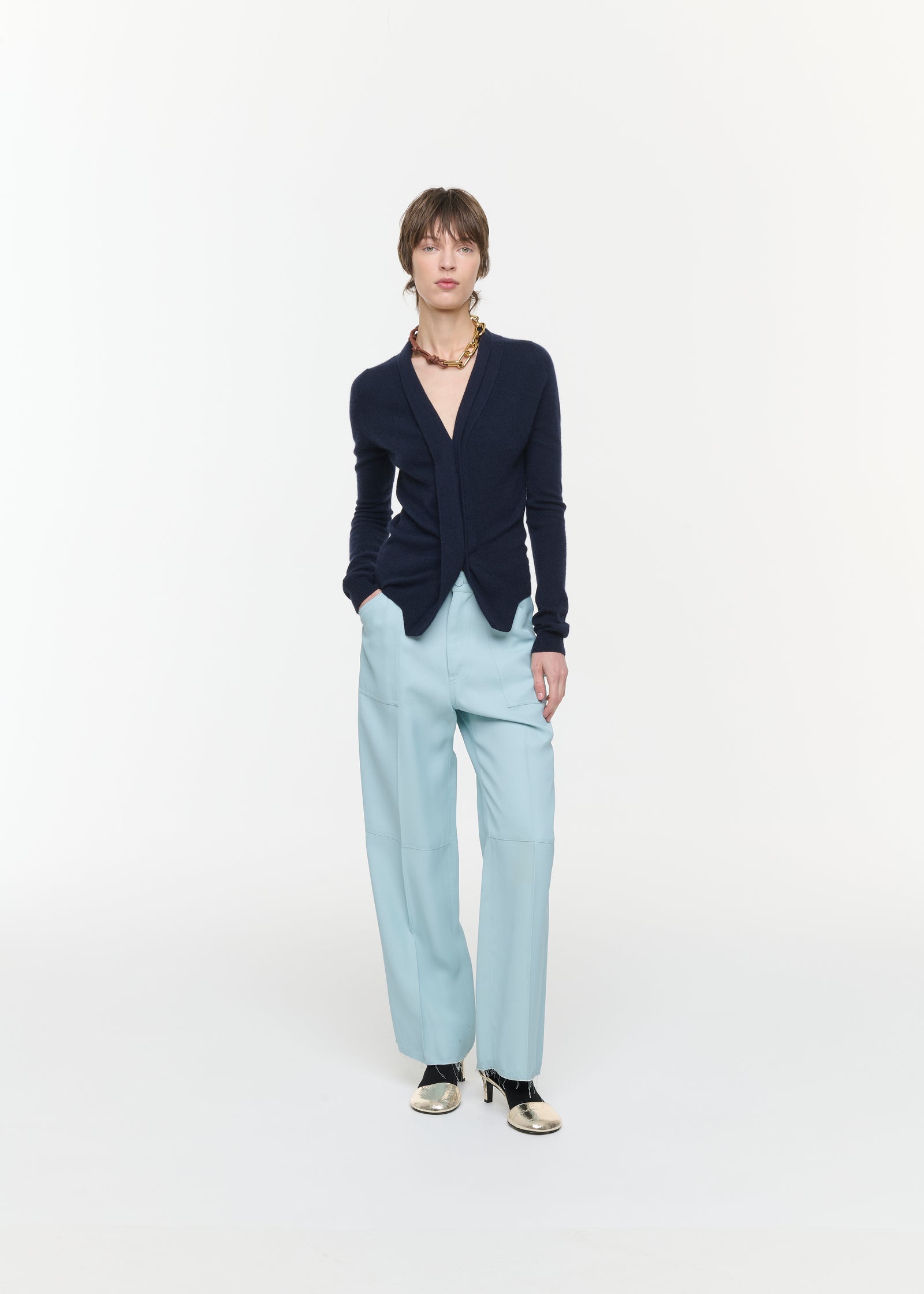CARDIGAN CASHMERE SCOLLO A V BLU NAVY