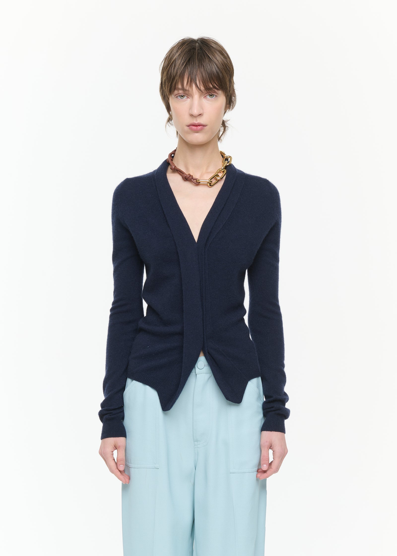 CARDIGAN CASHMERE SCOLLO A V BLU NAVY