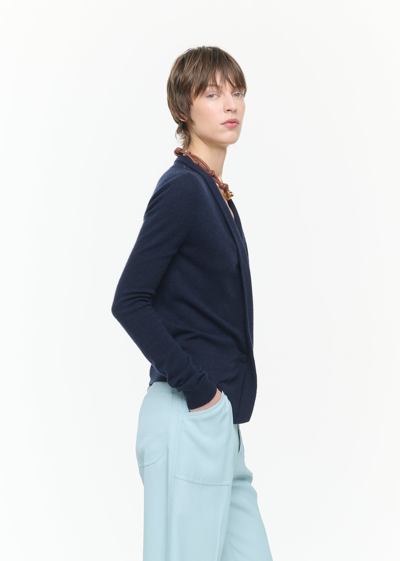CARDIGAN CASHMERE SCOLLO A V BLU NAVY