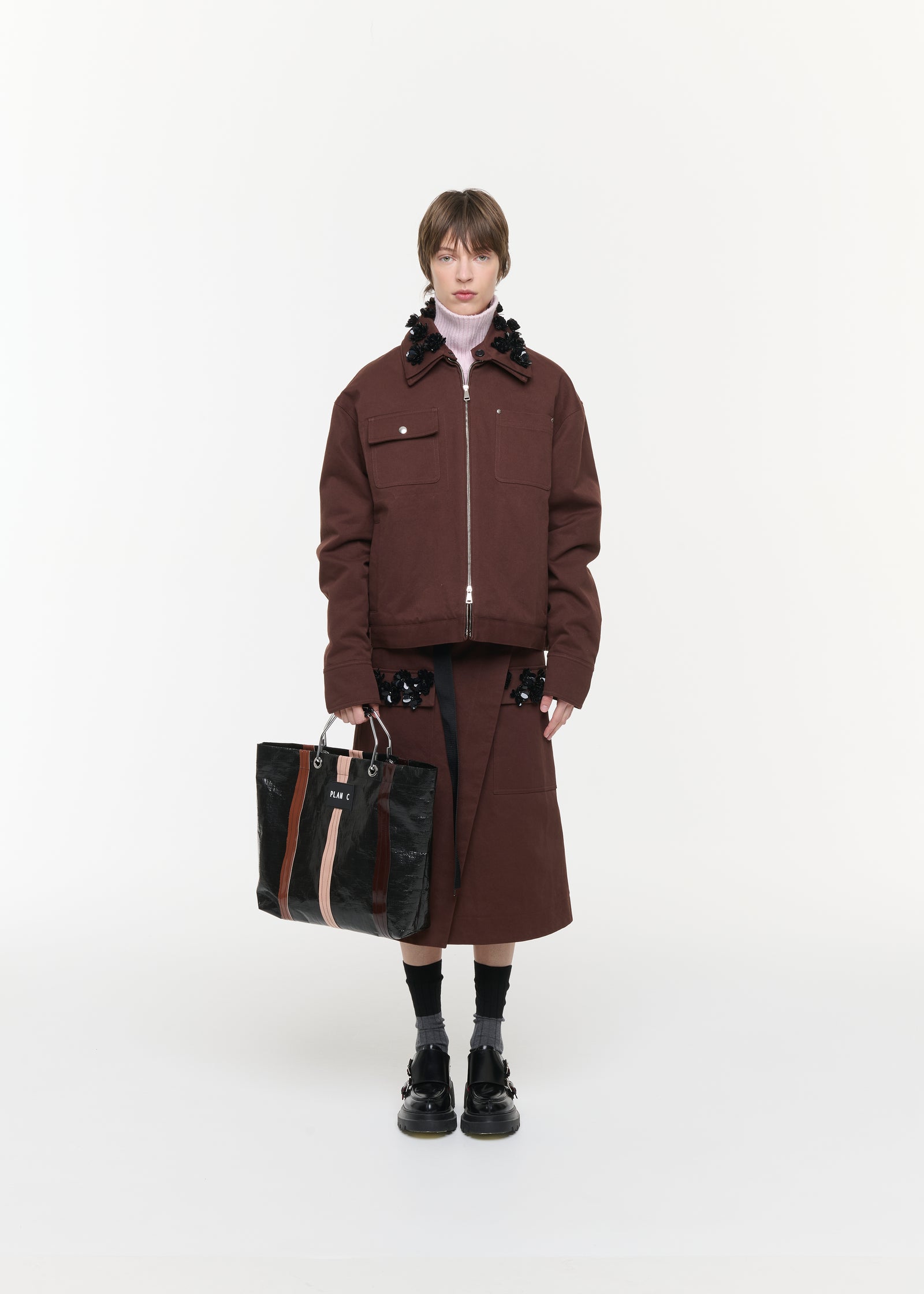 BROWN DRILL JACKET WITH EMBROIDERED COLLAR