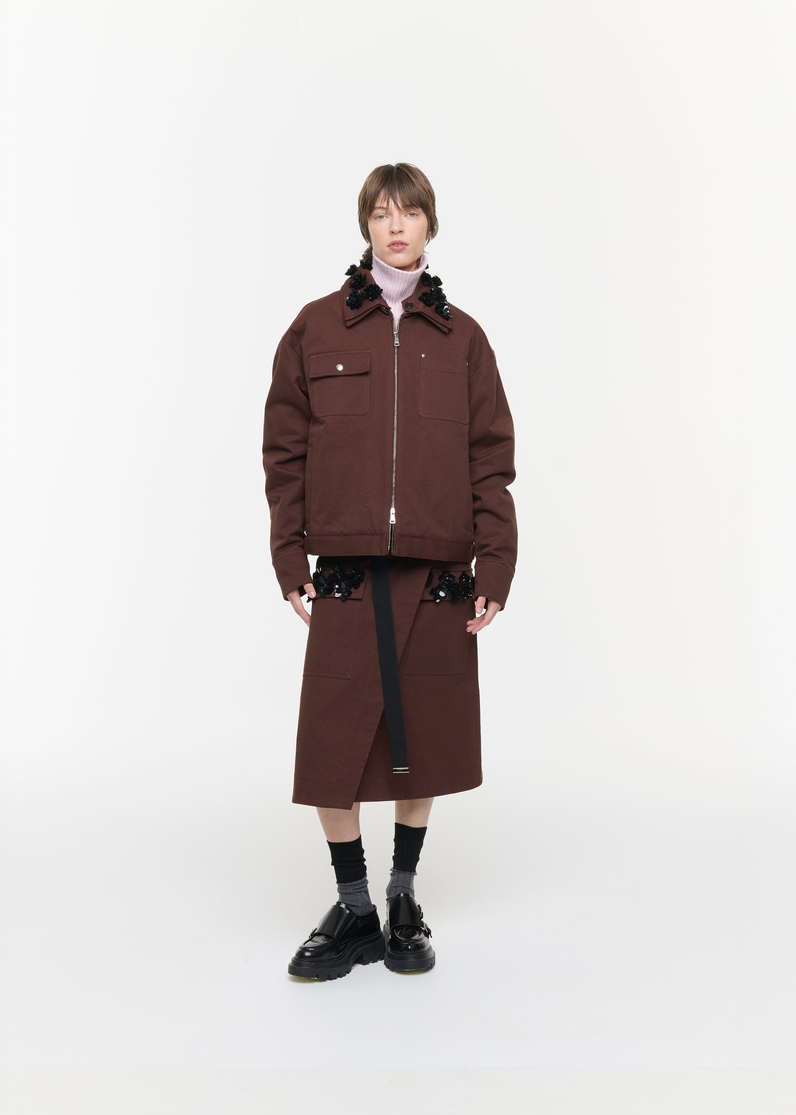 BROWN DRILL JACKET WITH EMBROIDERED COLLAR