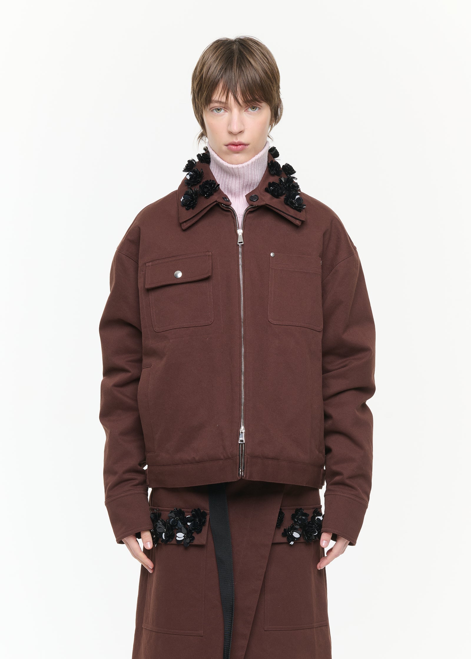 BROWN DRILL JACKET WITH EMBROIDERED COLLAR