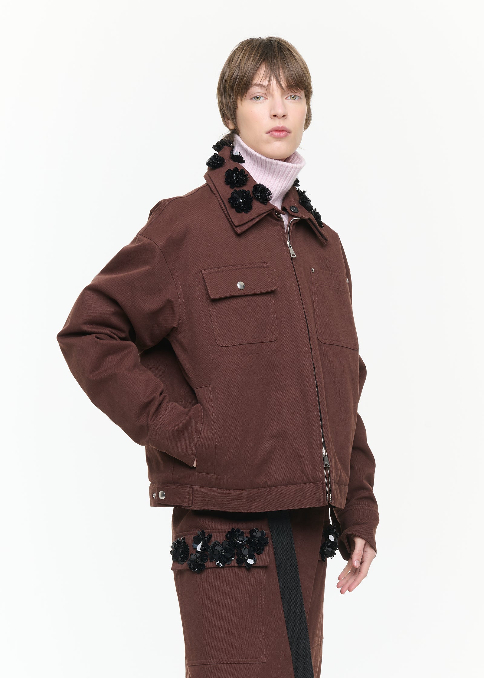 BROWN DRILL JACKET WITH EMBROIDERED COLLAR