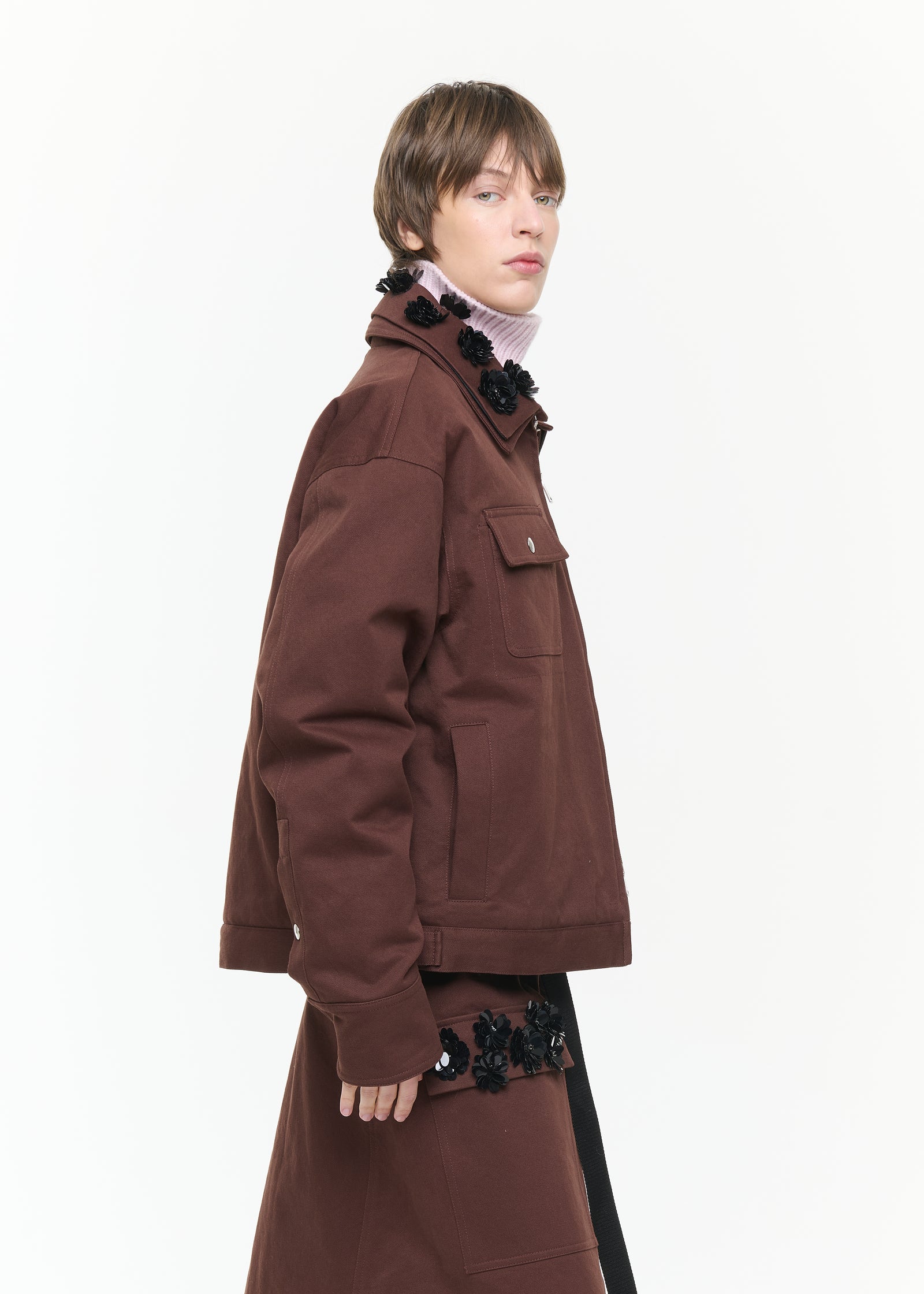 BROWN DRILL JACKET WITH EMBROIDERED COLLAR