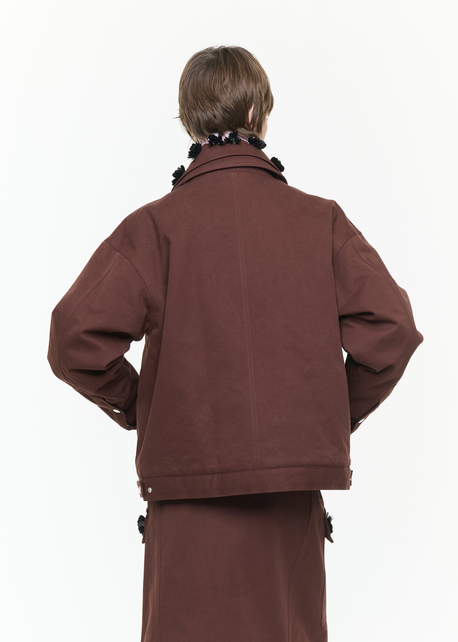 BROWN DRILL JACKET WITH EMBROIDERED COLLAR