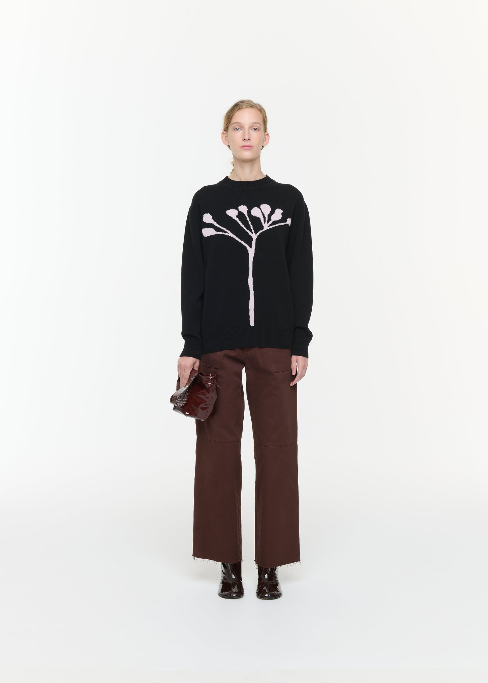BLACK INTARSIA WOOL SWEATER WITH PINK FLOWER