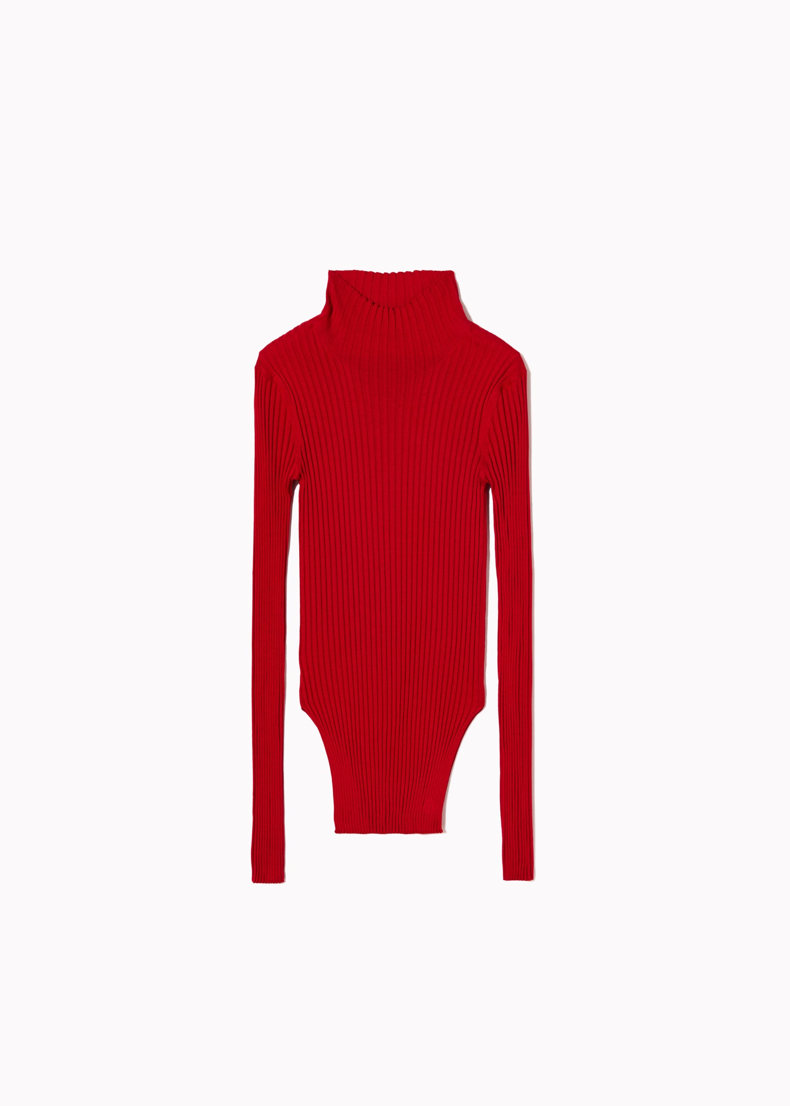 VERMILLION RED RIBBED SILK YARN TURTLENECK TOP