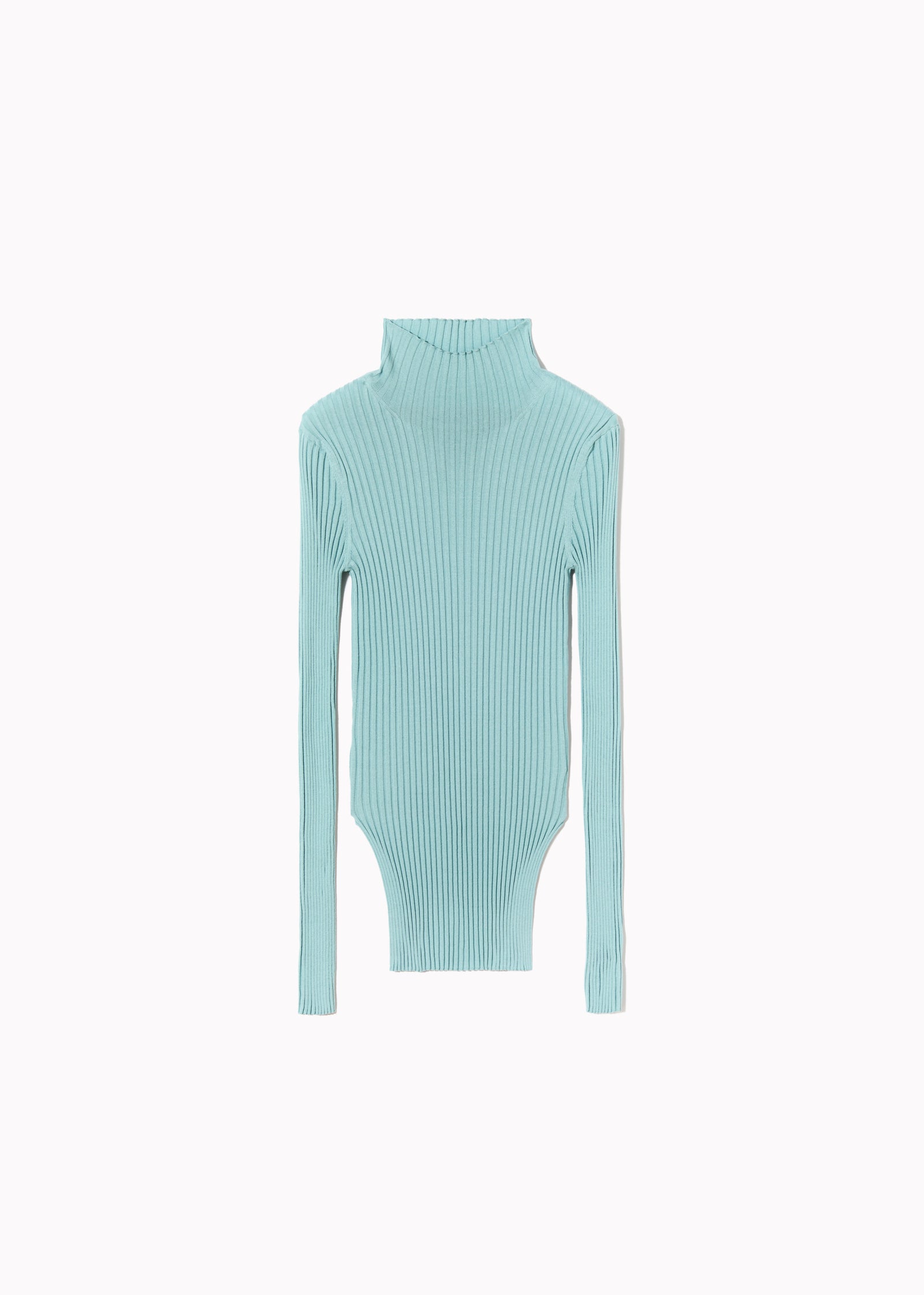 AQUA RIBBED SILK YARN TURTLENECK TOP