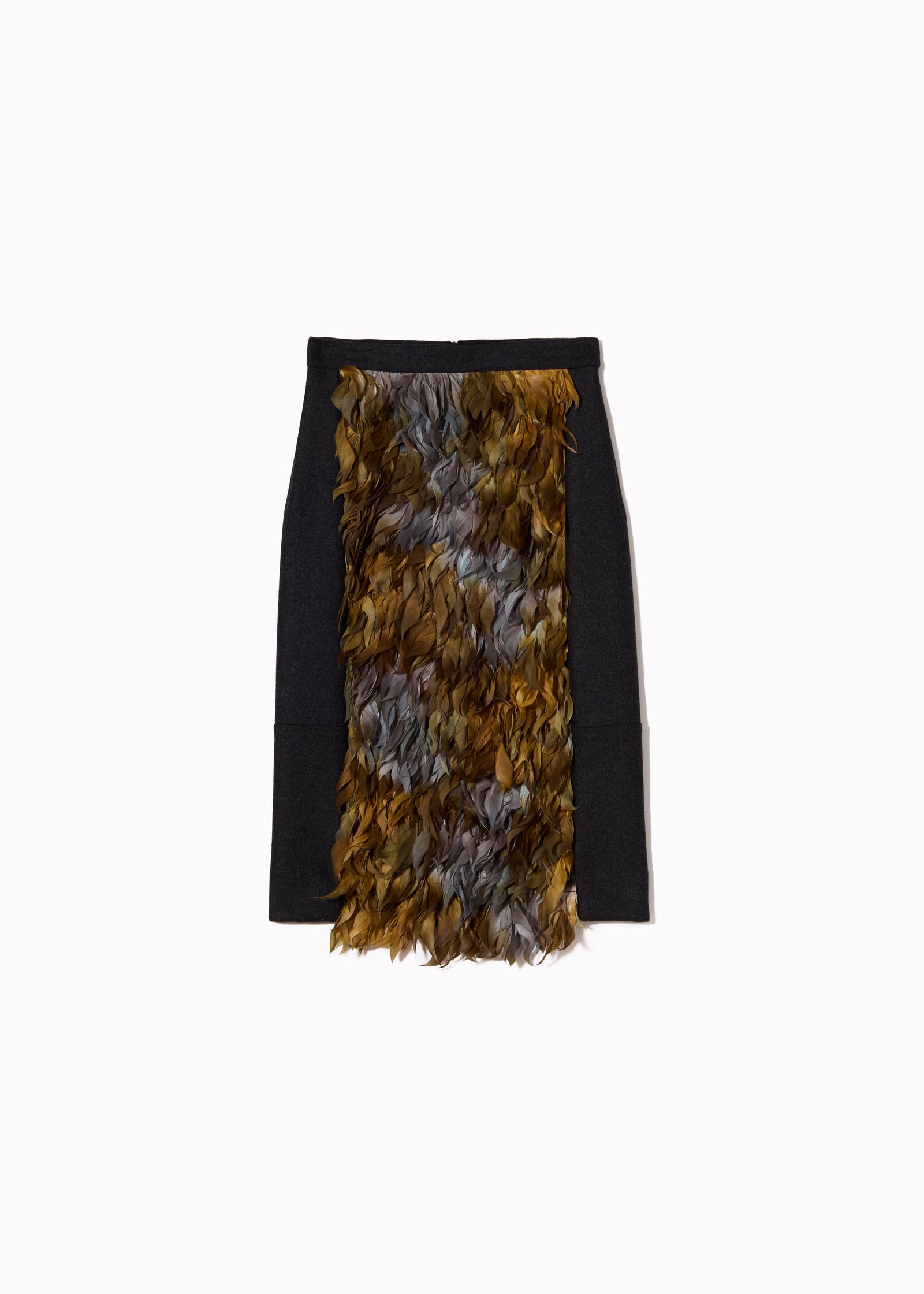 GREY WOOL SKIRT WITH FEATHERS PANEL