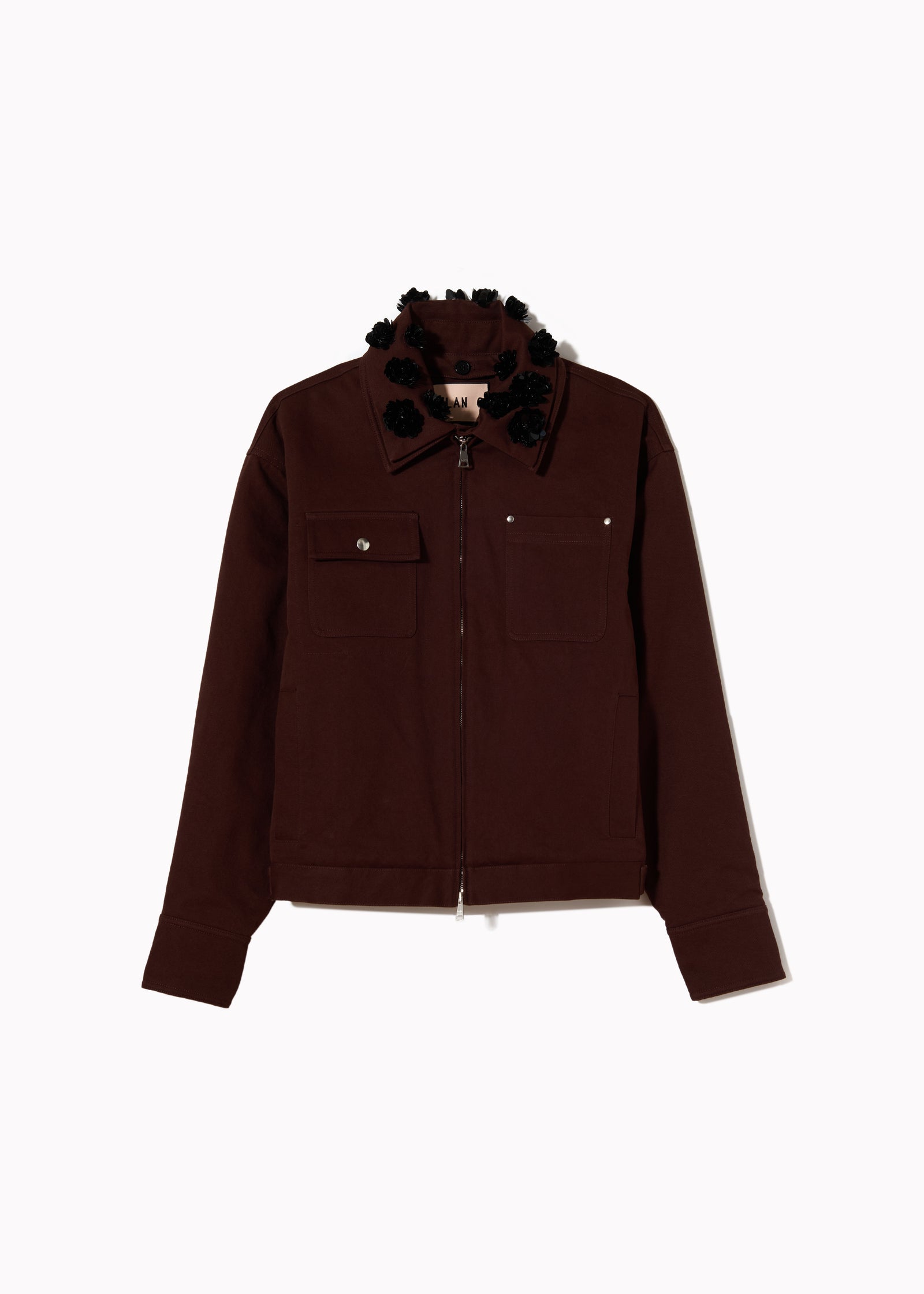 BROWN DRILL JACKET WITH EMBROIDERED COLLAR