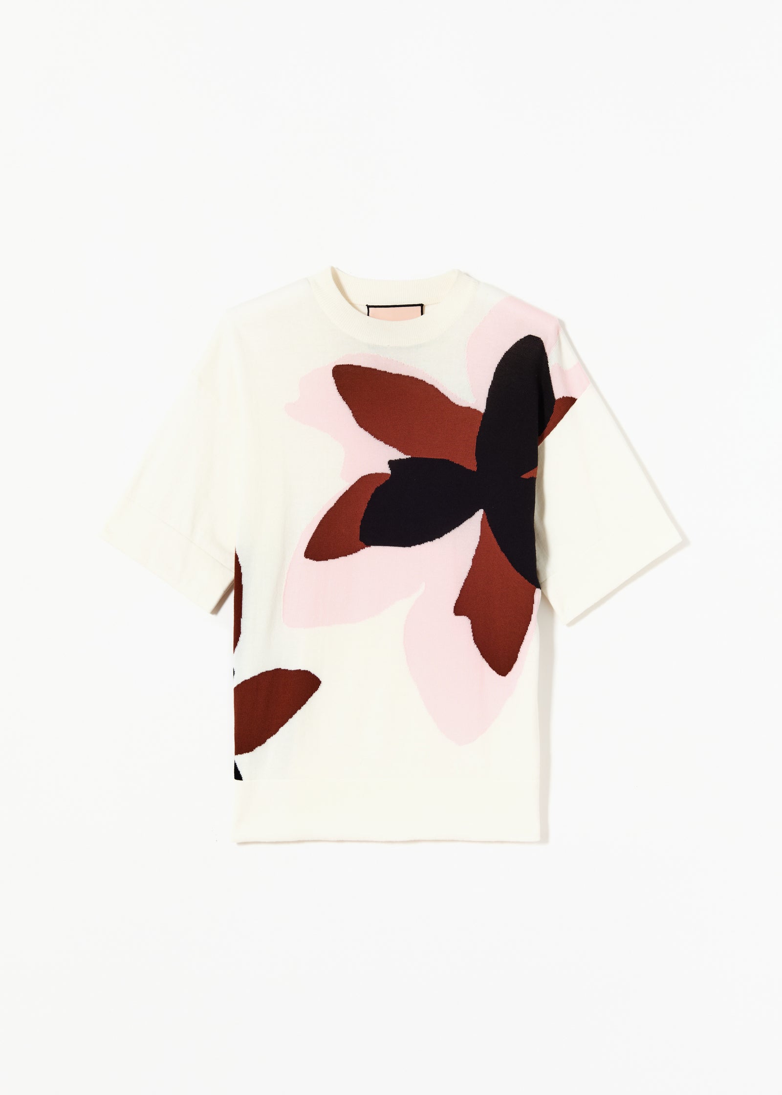 WHITE FLORAL INTARSIA SHORT SLEEVE KNIT
