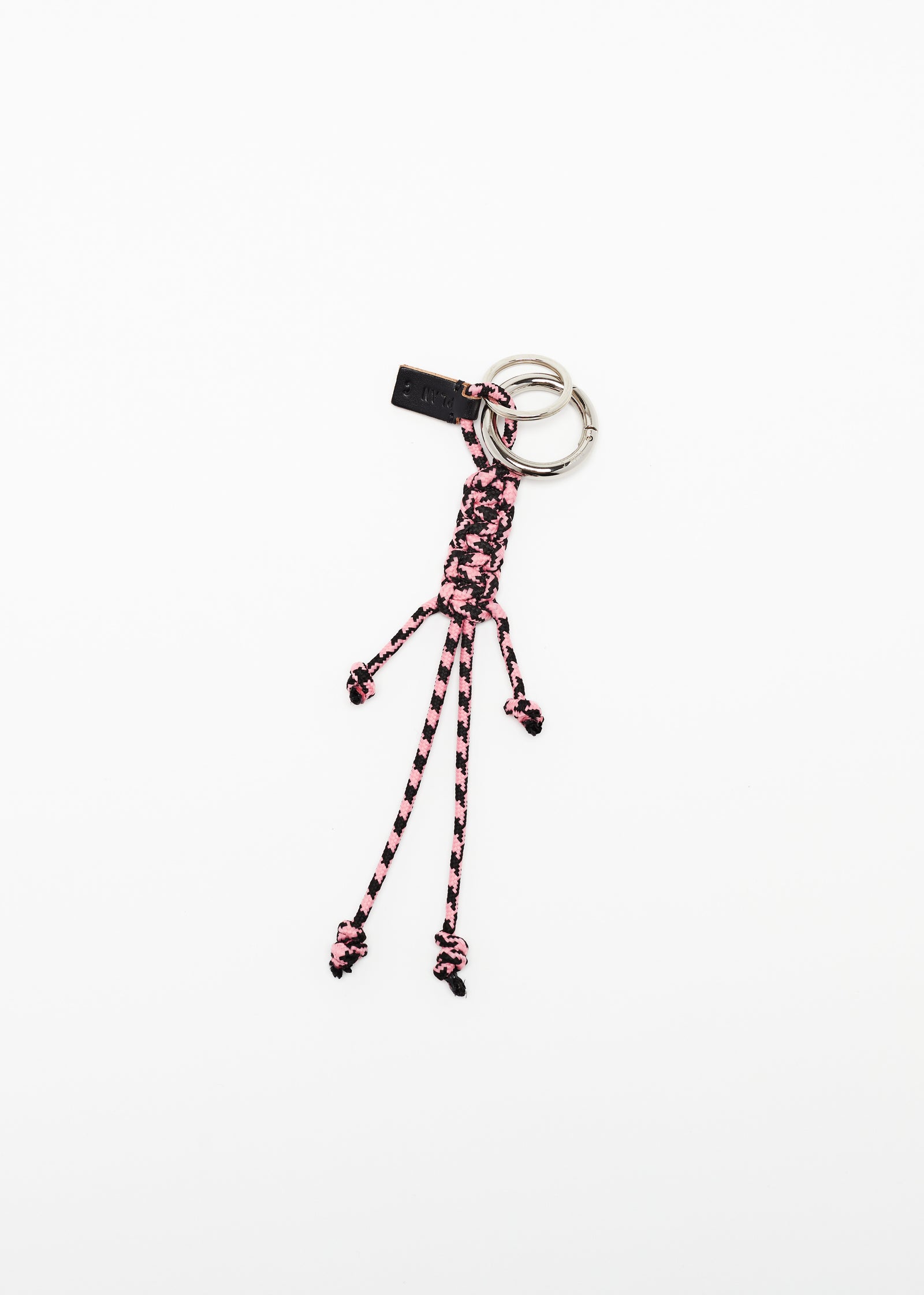 PINK AND BLACK KEY RING WITH HAND WOVEN LANYARD FRINGES