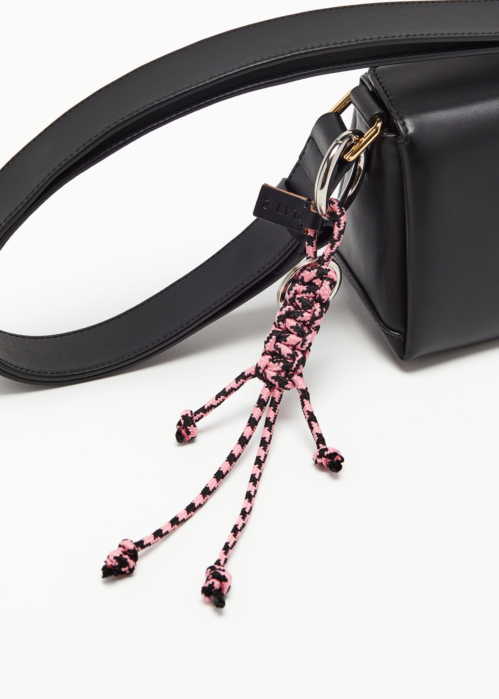 PINK AND BLACK KEY RING WITH HAND WOVEN LANYARD FRINGES