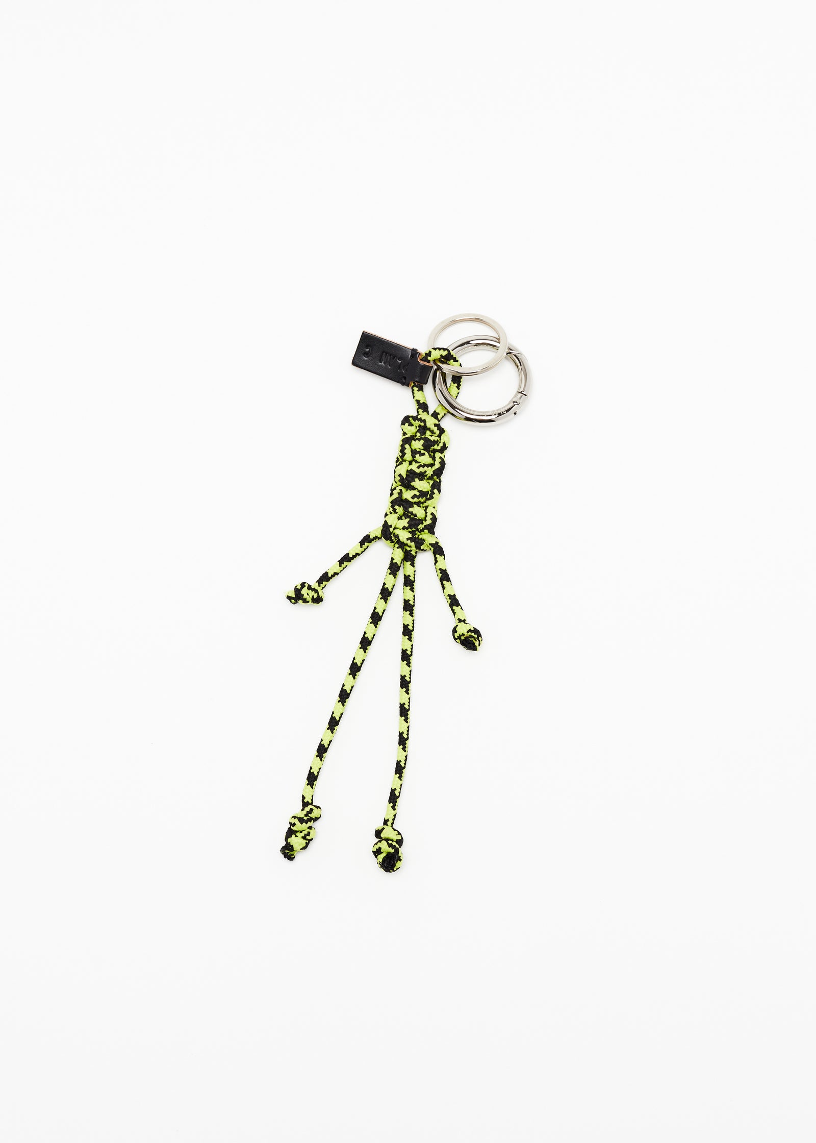 ACID GREEN AND BLACK KEY RING WITH HAND WOVEN LANYARD FRINGES