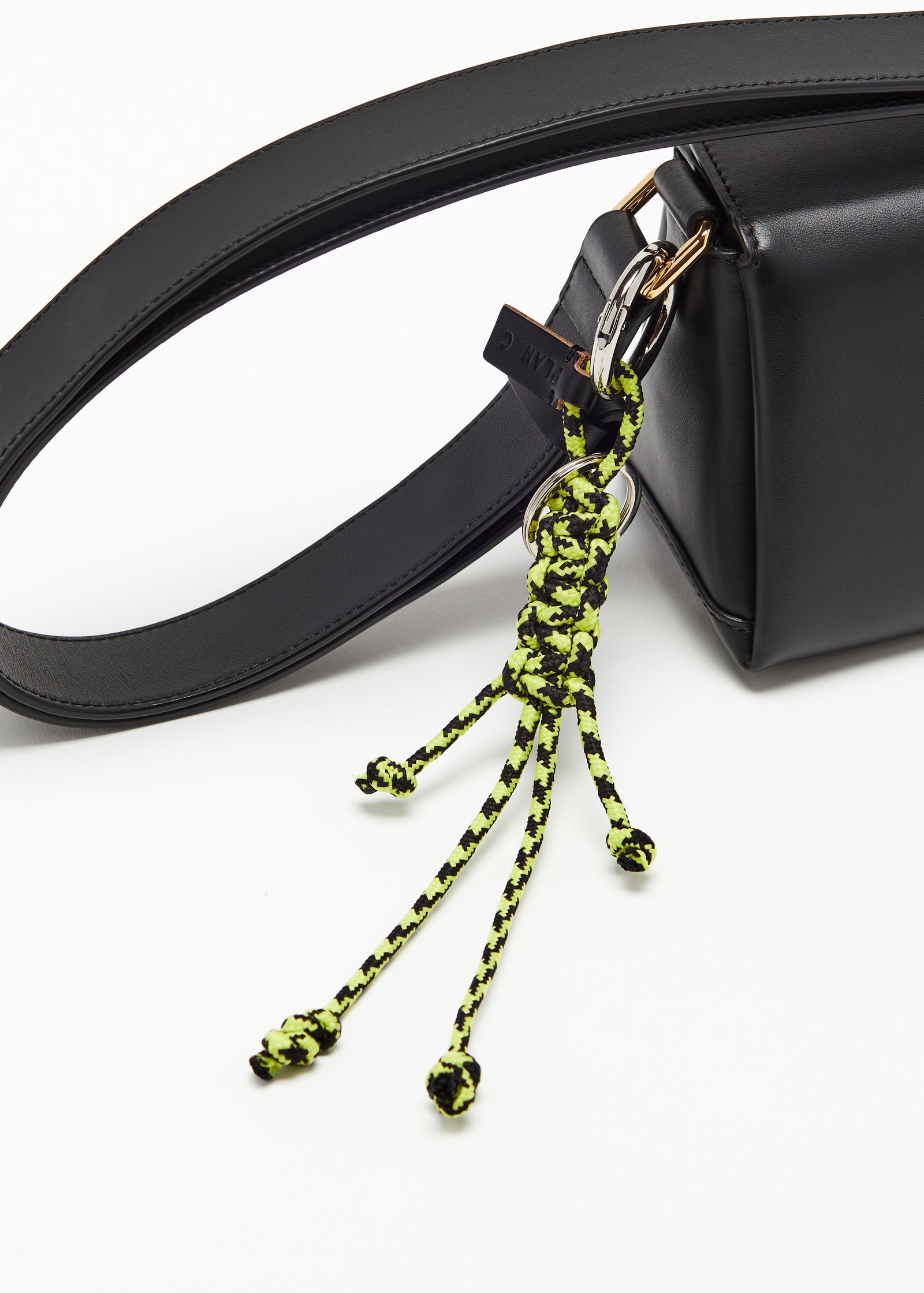 ACID GREEN AND BLACK KEY RING WITH HAND WOVEN LANYARD FRINGES