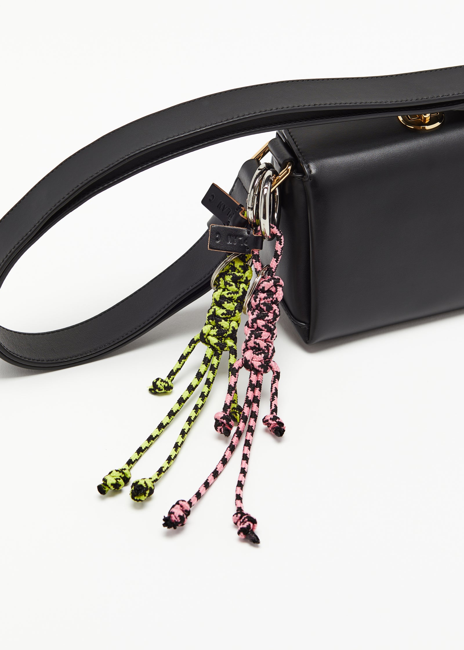 ACID GREEN AND BLACK KEY RING WITH HAND WOVEN LANYARD FRINGES