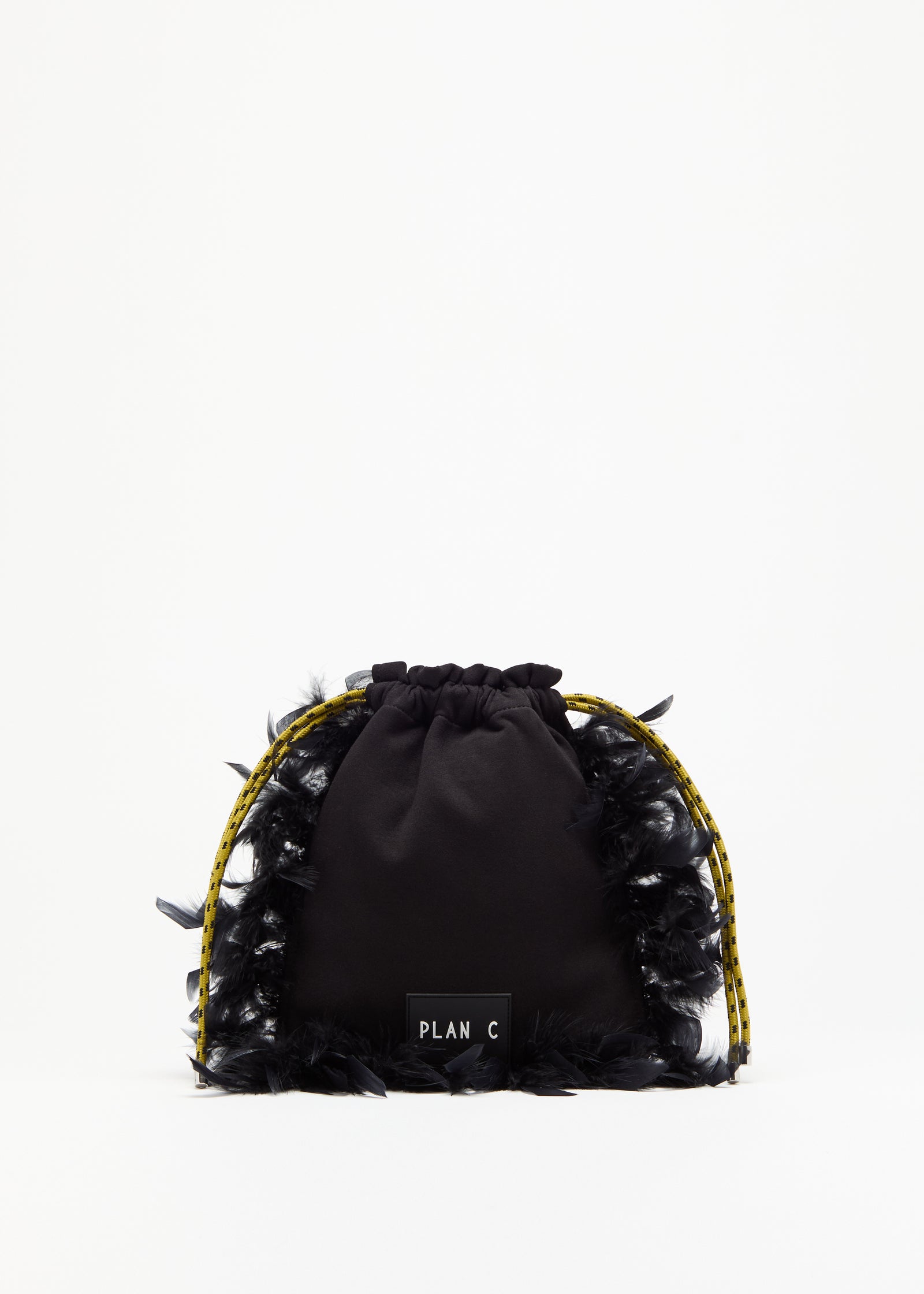 BLACK FLEECE POUCH WITH FEATHERS