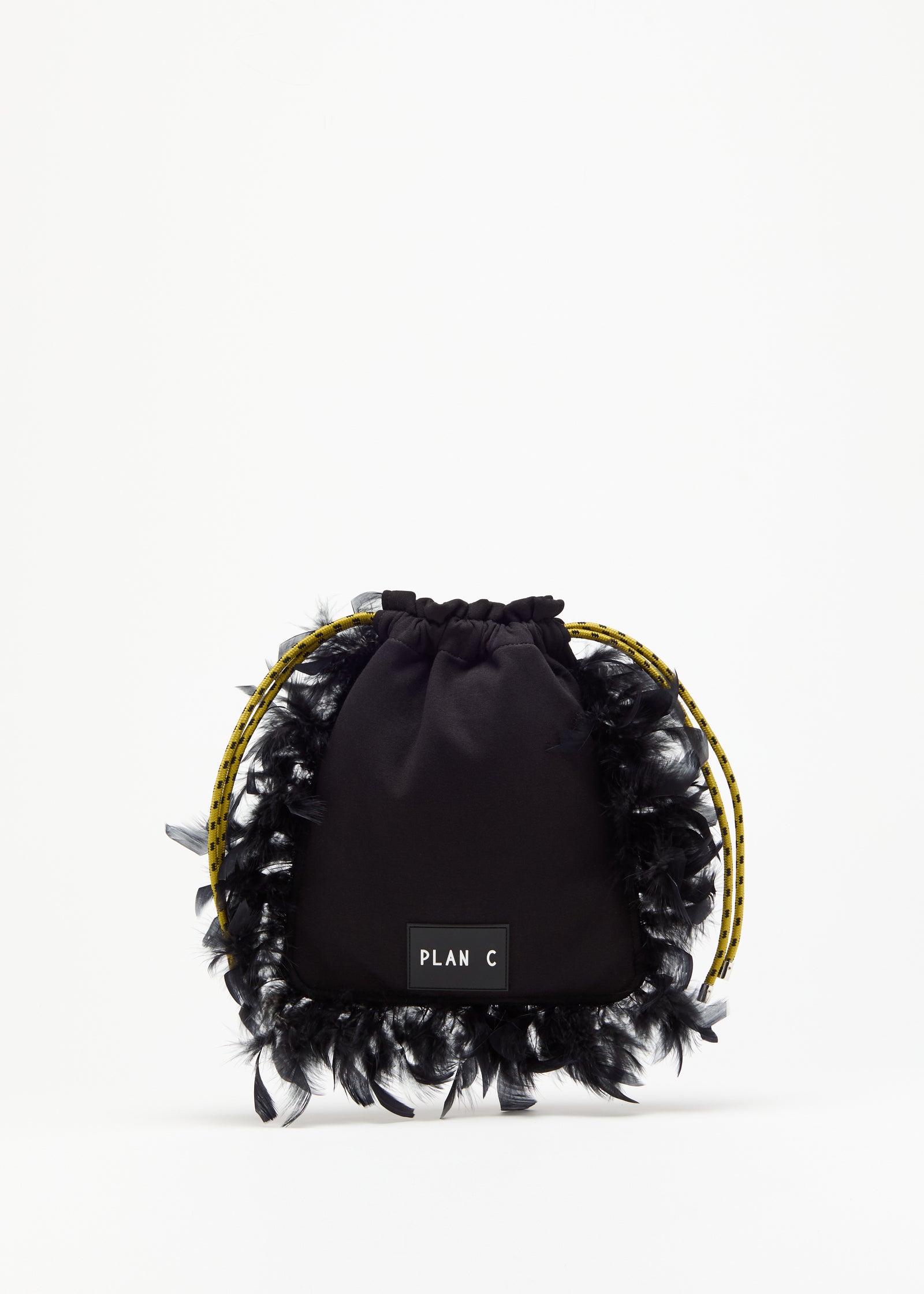 BLACK FLEECE POUCH WITH FEATHERS