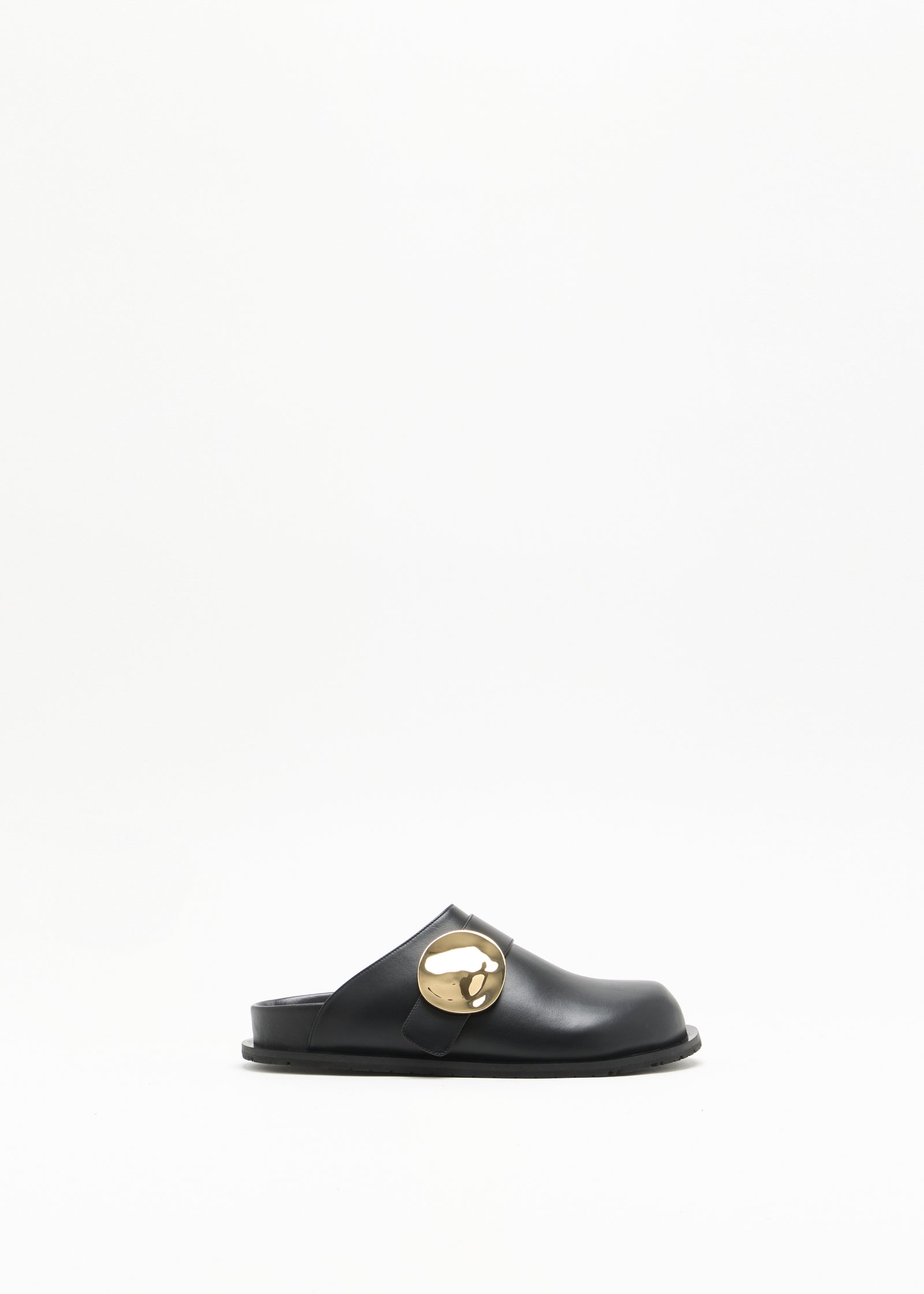 BLACK CALFSKIN CLOGS WITH METAL CIRCLE