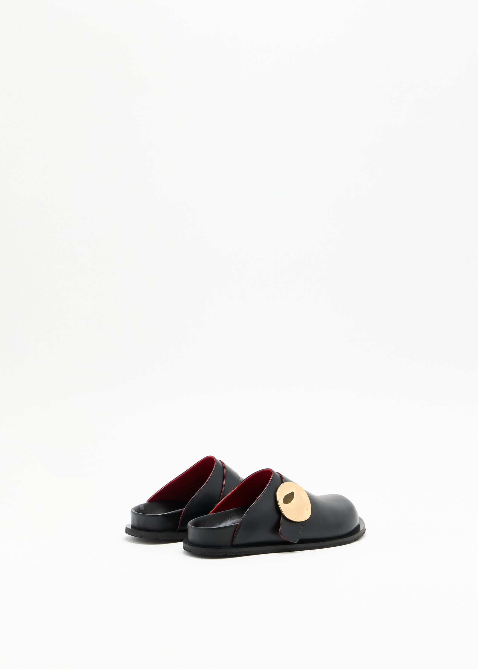 BLACK CALFSKIN CLOGS WITH METAL CIRCLE