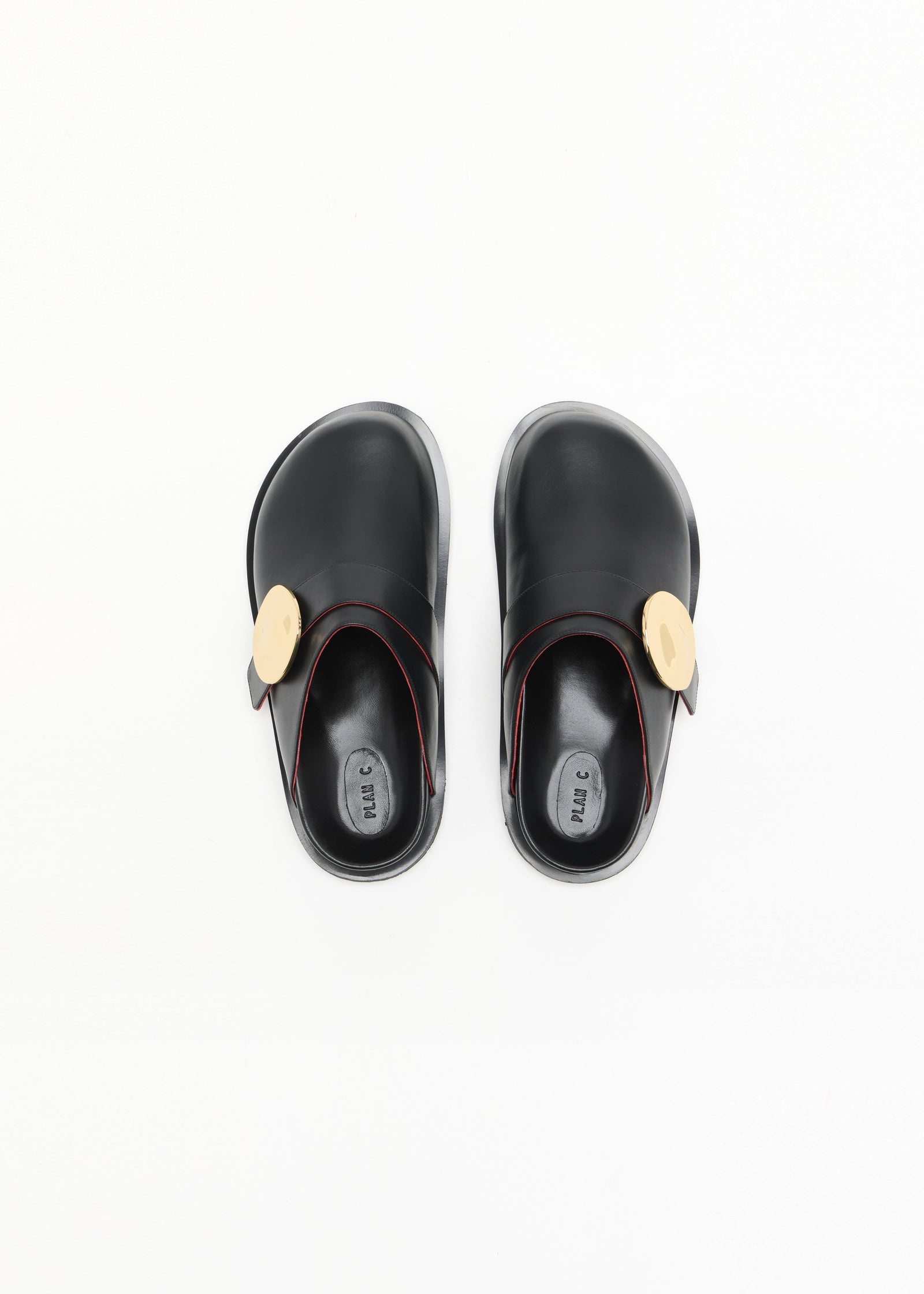 BLACK CALFSKIN CLOGS WITH METAL CIRCLE